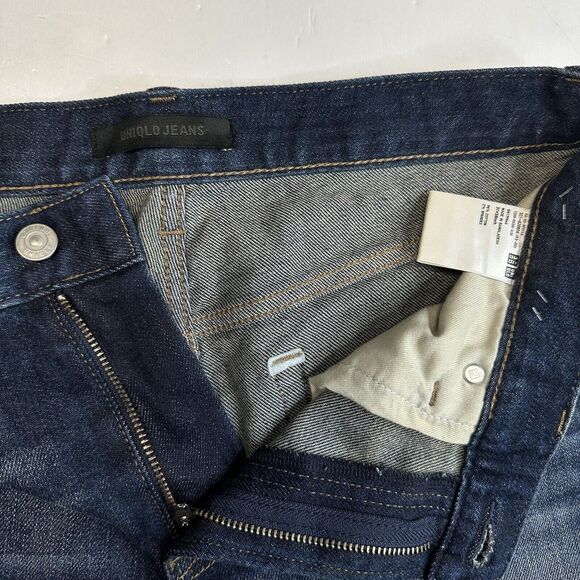 Uniqlo Straight Leg Jeans Mens 31 Denim Blue Jean Dark Wash Distressed - Picture 3 of 11